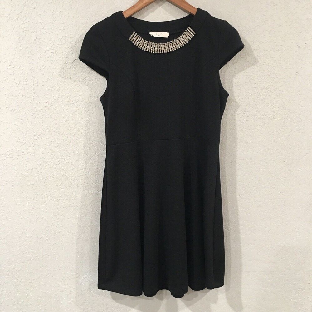 Anthropologie Elodie Women's Lg Dress Black Rhinestone Fit & Flare Mini Cocktail